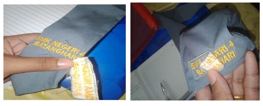 Bukti Topi dan Dasi bekas yang ditempel label SMAN 7 Batanghari diatas Label SMKN 4 Batanghari